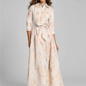 Teri John Metallic Jacquard Shirtdress Gown with Floral Print